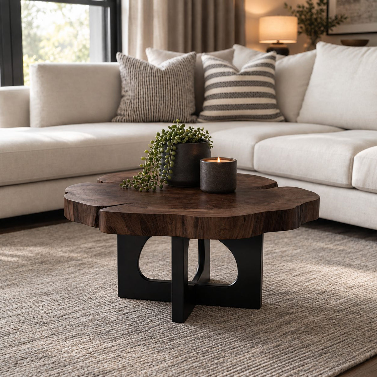 Live Edge Round Coffee Table with Cross Panel Base, Natural Slab Solid Wood Table for Living Room