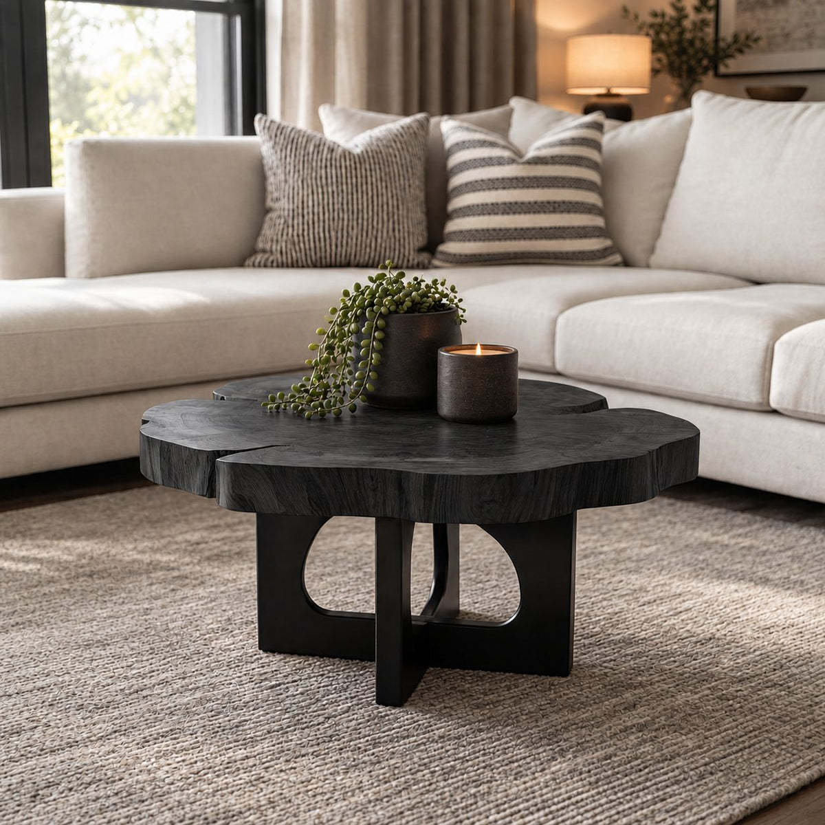 Live Edge Round Coffee Table with Cross Panel Base, Natural Slab Solid Wood Table for Living Room