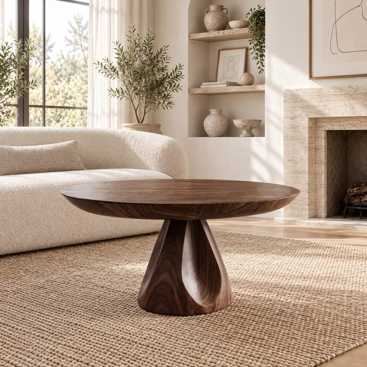Round Pedestal Coffee Table with Carved Tapered Base, Minimalist Solid Wood Center Table for Lounge