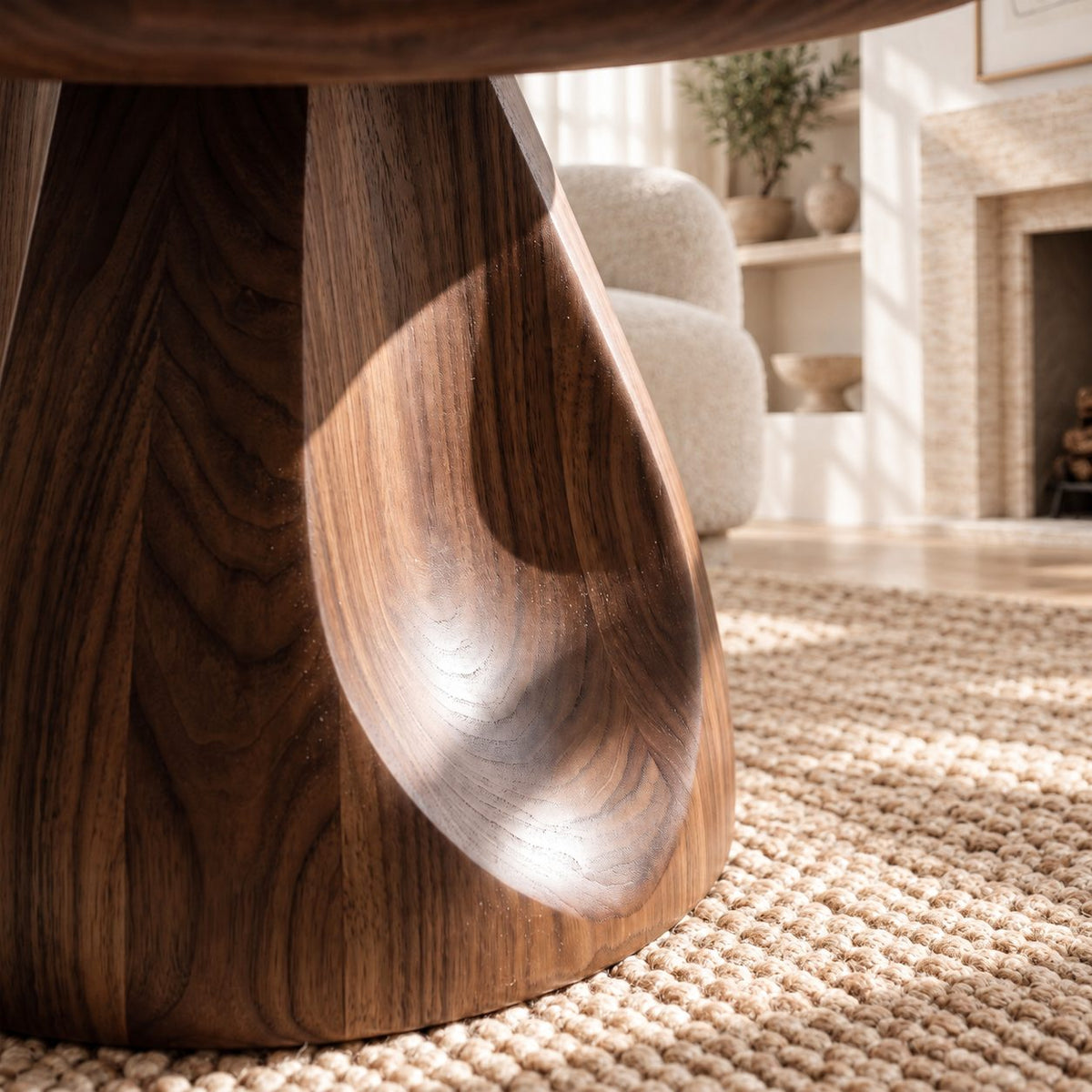 Round Pedestal Coffee Table with Carved Tapered Base, Minimalist Solid Wood Center Table for Lounge