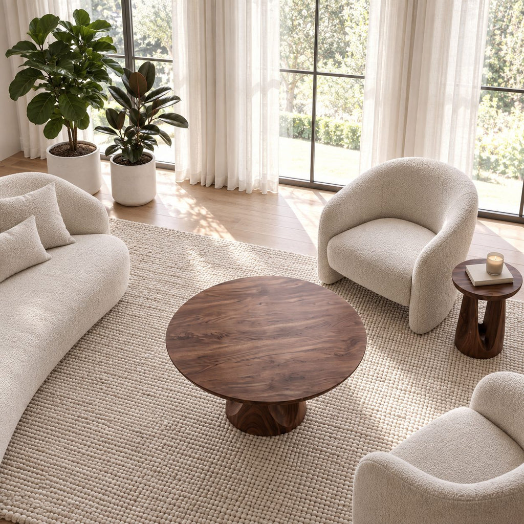 Round Pedestal Coffee Table with Carved Tapered Base, Minimalist Solid Wood Center Table for Lounge