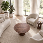 Round Pedestal Coffee Table with Carved Tapered Base, Minimalist Solid Wood Center Table for Lounge