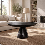 Round Pedestal Coffee Table with Carved Tapered Base, Minimalist Solid Wood Center Table for Lounge
