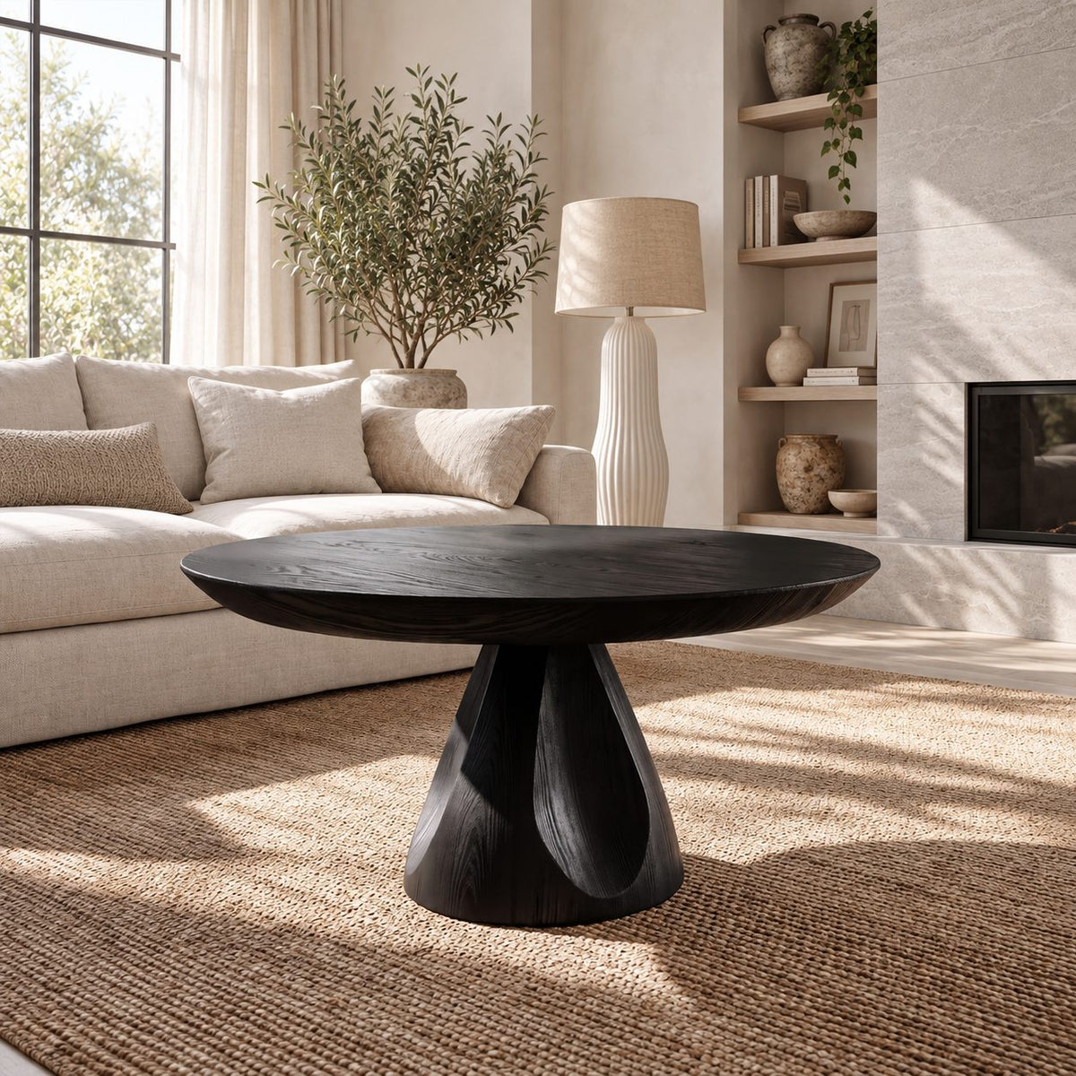Round Pedestal Coffee Table with Carved Tapered Base, Minimalist Solid Wood Center Table for Lounge