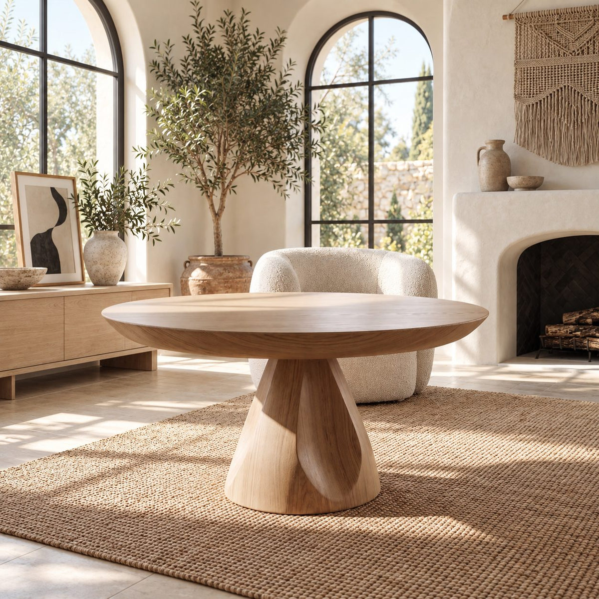 Round Pedestal Coffee Table with Carved Tapered Base, Minimalist Solid Wood Center Table for Lounge