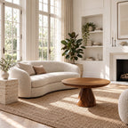 Round Pedestal Coffee Table with Carved Tapered Base, Minimalist Solid Wood Center Table for Lounge