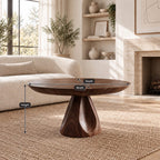 Round Pedestal Coffee Table with Carved Tapered Base, Minimalist Solid Wood Center Table for Lounge
