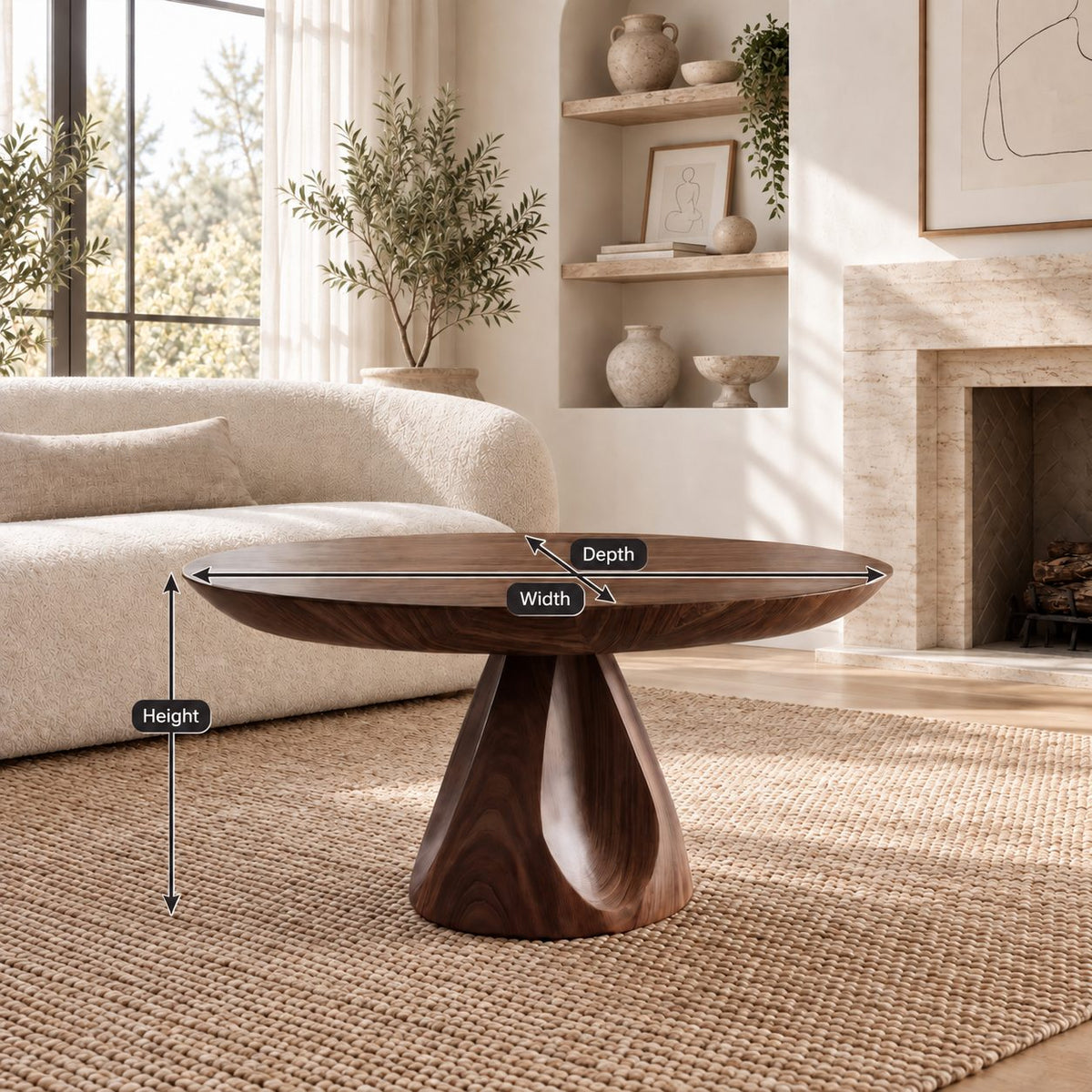 Round Pedestal Coffee Table with Carved Tapered Base, Minimalist Solid Wood Center Table for Lounge