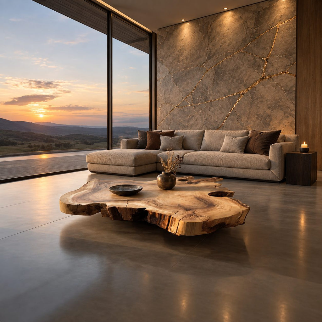Live Edge Coffee Table, Oversized Organic Slab Low Center Table in Solid Wood for Modern Living Room