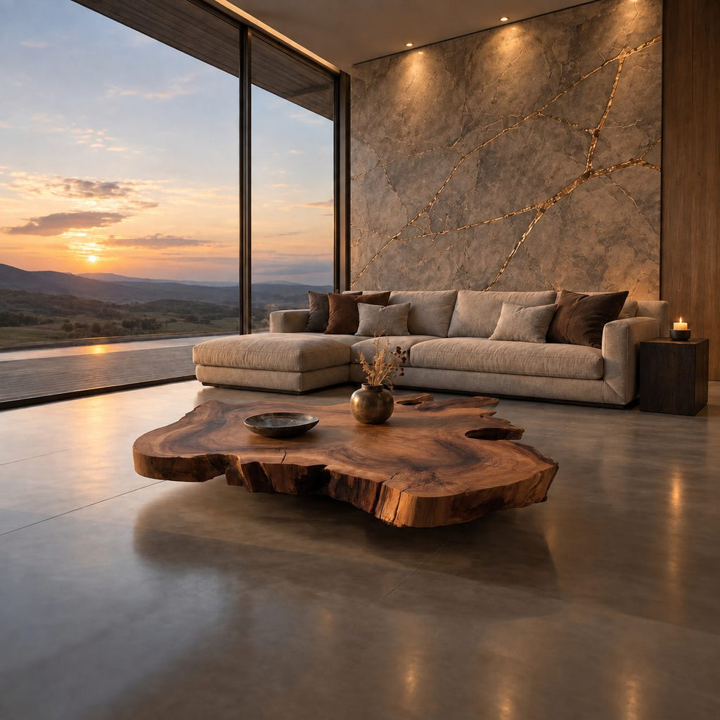 Live Edge Coffee Table, Oversized Organic Slab Low Center Table in Solid Wood for Modern Living Room