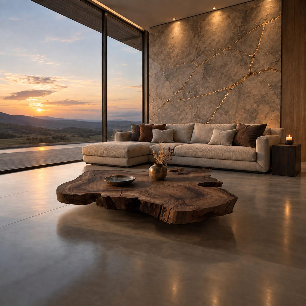 Live Edge Coffee Table, Oversized Organic Slab Low Center Table in Solid Wood for Modern Living Room