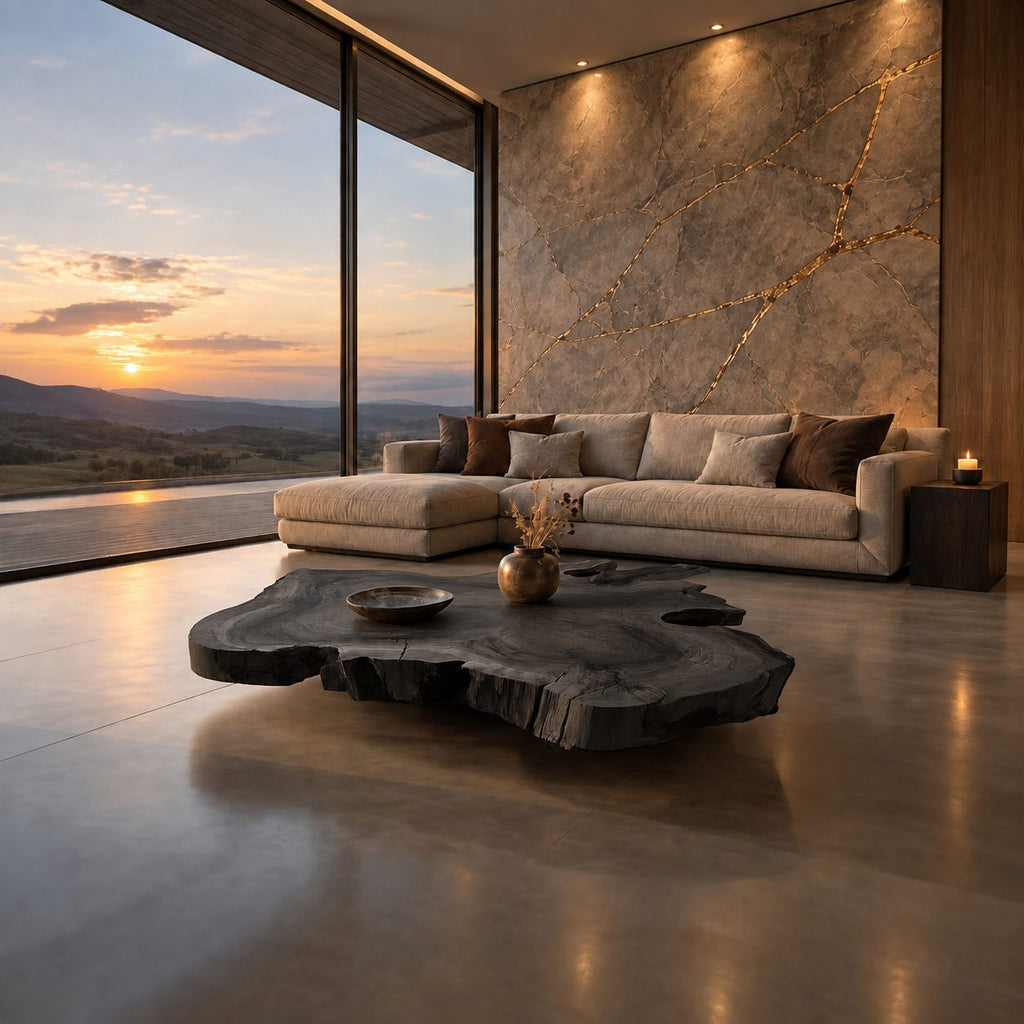 Live Edge Coffee Table, Oversized Organic Slab Low Center Table in Solid Wood for Modern Living Room