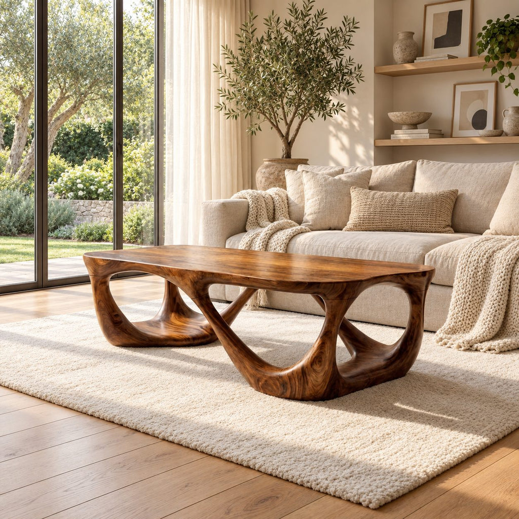 Mid Century Coffee Table with Open Carved Loop Legs, Sculptural Solid Wood Table for Living Room