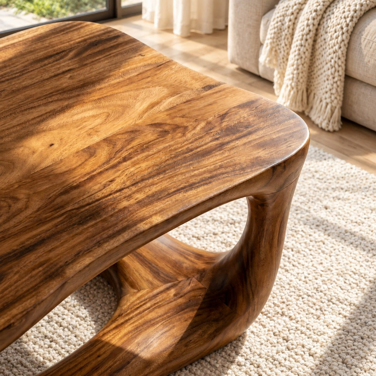 Mid Century Coffee Table with Open Carved Loop Legs, Sculptural Solid Wood Table for Living Room