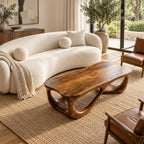 Mid Century Coffee Table with Open Carved Loop Legs, Sculptural Solid Wood Table for Living Room
