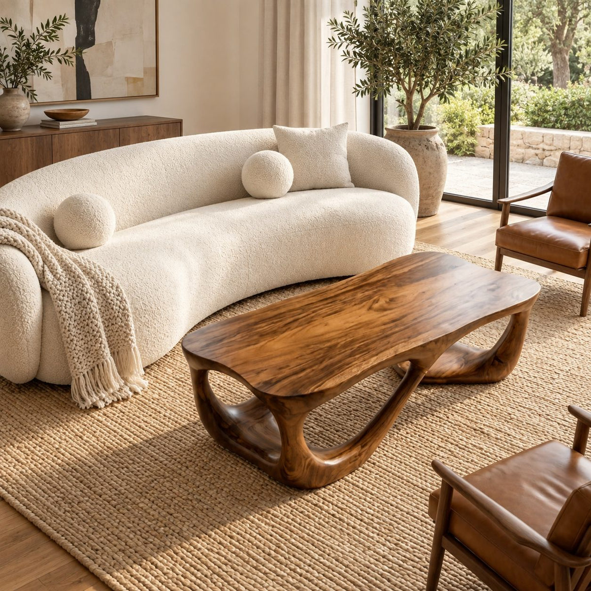 Mid Century Coffee Table with Open Carved Loop Legs, Sculptural Solid Wood Table for Living Room
