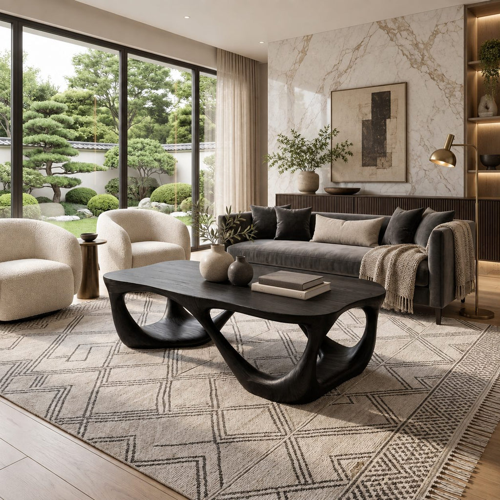 Mid Century Coffee Table with Open Carved Loop Legs, Sculptural Solid Wood Table for Living Room