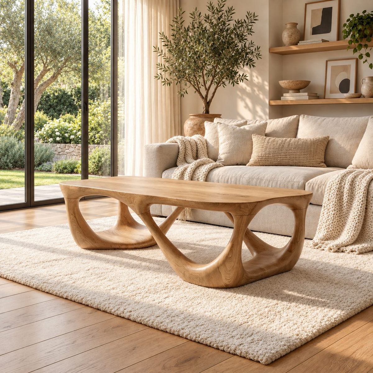 Mid Century Coffee Table with Open Carved Loop Legs, Sculptural Solid Wood Table for Living Room