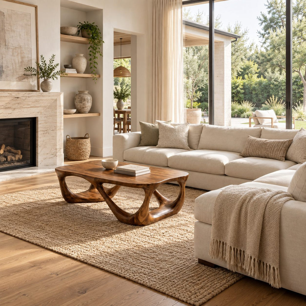 Mid Century Coffee Table with Open Carved Loop Legs, Sculptural Solid Wood Table for Living Room
