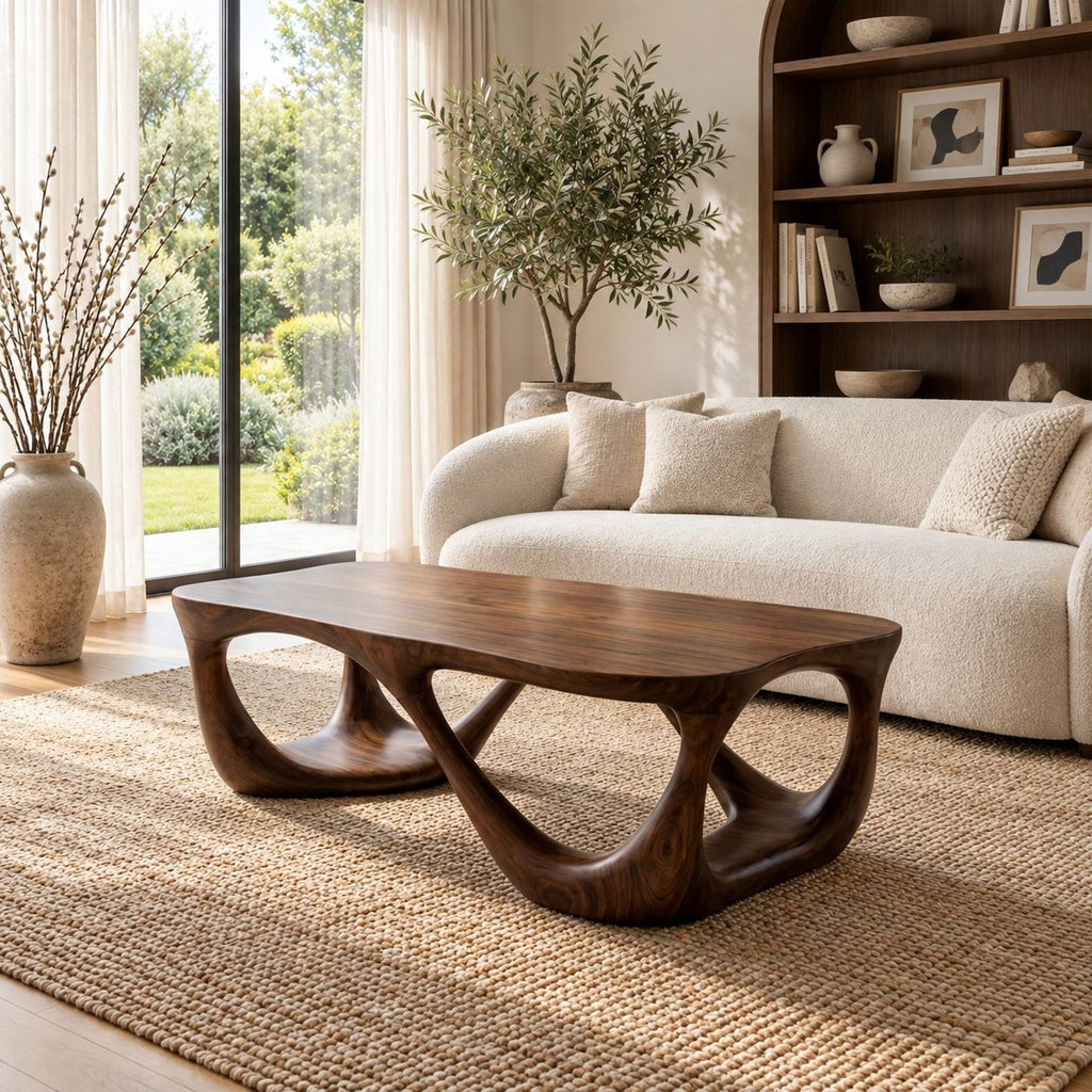 Mid Century Coffee Table with Open Carved Loop Legs, Sculptural Solid Wood Table for Living Room