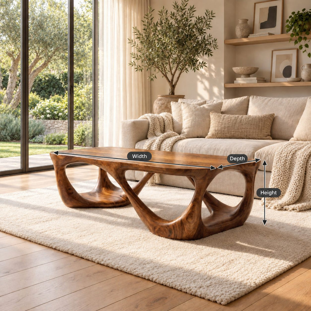 Mid Century Coffee Table with Open Carved Loop Legs, Sculptural Solid Wood Table for Living Room