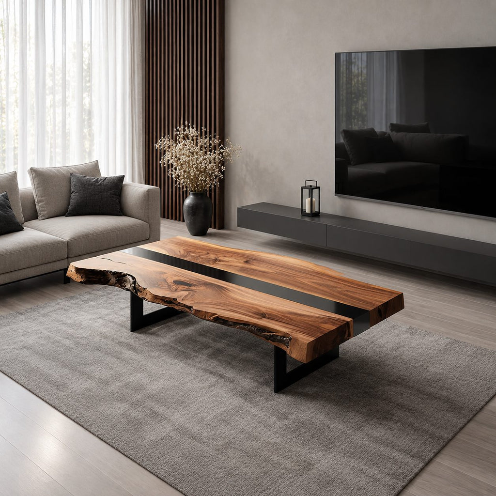 Live Edge Coffee Table with Split Slab Top, Rustic Solid Wood Center Table on Sled Style Legs