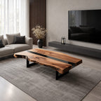 Live Edge Coffee Table with Split Slab Top, Rustic Solid Wood Center Table on Sled Style Legs