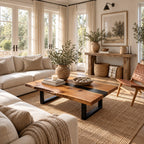 Live Edge Coffee Table with Split Slab Top, Rustic Solid Wood Center Table on Sled Style Legs