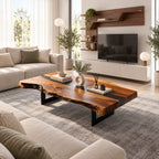 Live Edge Coffee Table with Split Slab Top, Rustic Solid Wood Center Table on Sled Style Legs