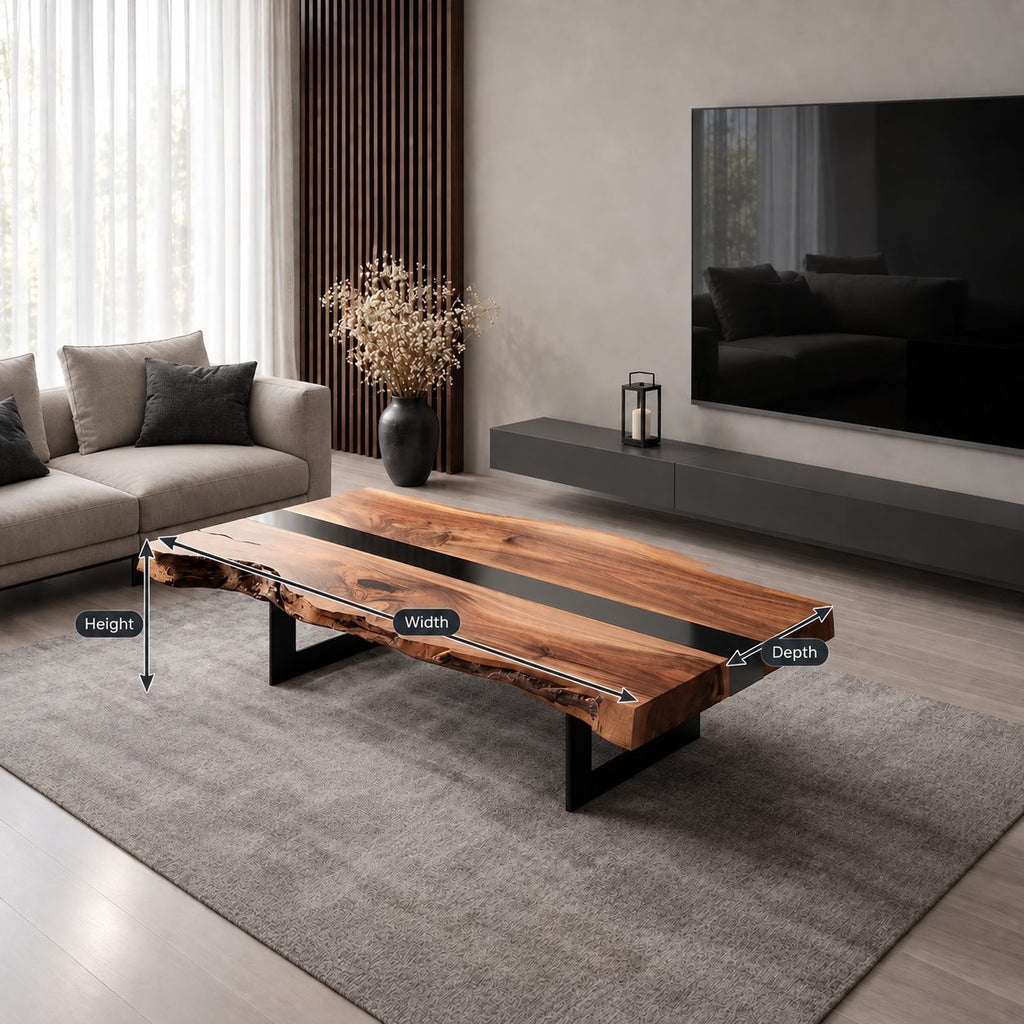 Live Edge Coffee Table with Split Slab Top, Rustic Solid Wood Center Table on Sled Style Legs