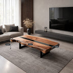 Live Edge Coffee Table with Split Slab Top, Rustic Solid Wood Center Table on Sled Style Legs