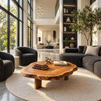 Organic Round Coffee Table on Block Legs, Natural Slab Solid Wood Low Center Table for Living Room