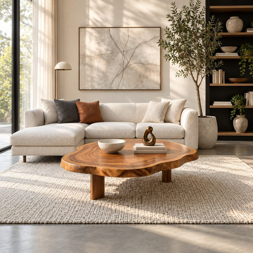 Organic Round Coffee Table on Block Legs, Natural Slab Solid Wood Low Center Table for Living Room