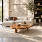 Organic Round Coffee Table on Block Legs, Natural Slab Solid Wood Low Center Table for Living Room