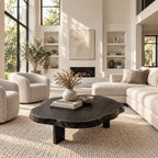 Organic Round Coffee Table on Block Legs, Natural Slab Solid Wood Low Center Table for Living Room