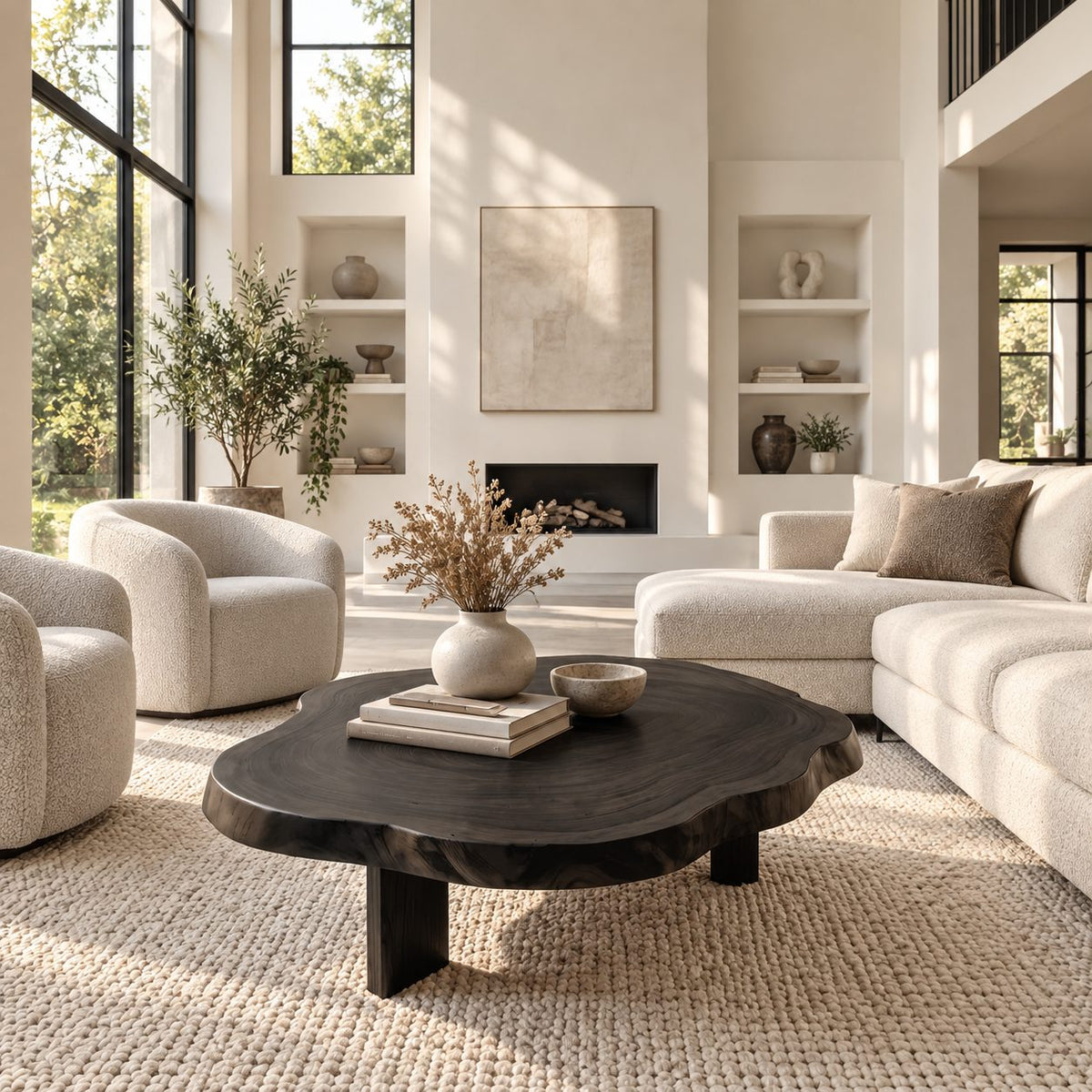 Organic Round Coffee Table on Block Legs, Natural Slab Solid Wood Low Center Table for Living Room