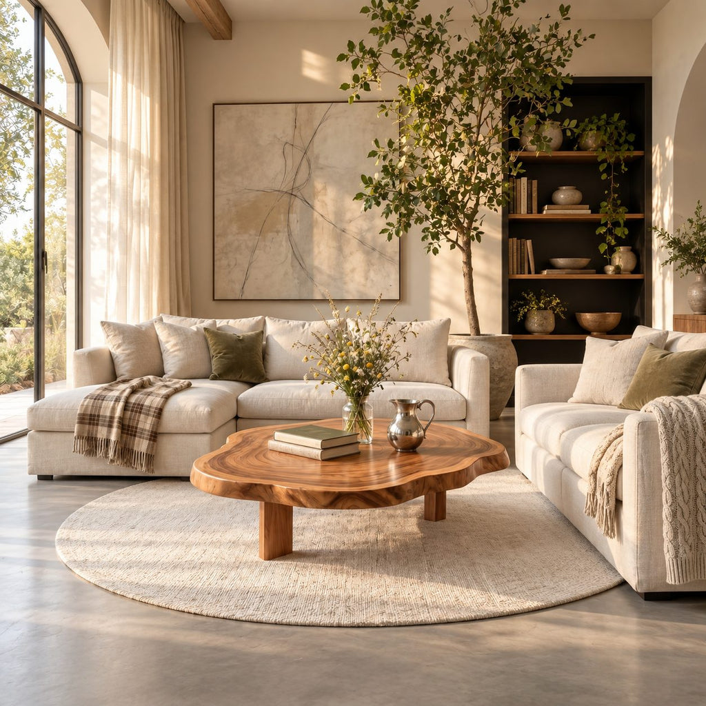 Organic Round Coffee Table on Block Legs, Natural Slab Solid Wood Low Center Table for Living Room