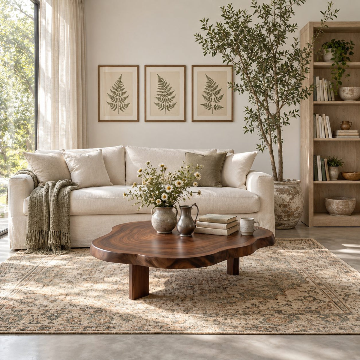 Organic Round Coffee Table on Block Legs, Natural Slab Solid Wood Low Center Table for Living Room