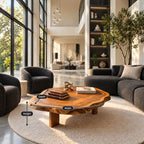Organic Round Coffee Table on Block Legs, Natural Slab Solid Wood Low Center Table for Living Room