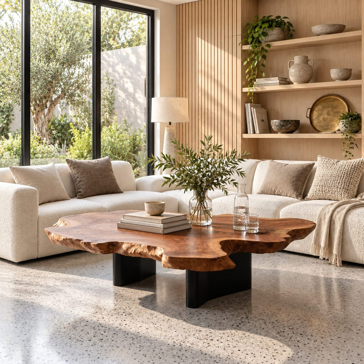 Live Edge Coffee Table with Freeform Slab Top on Recessed Block Legs, Solid Wood Center Table