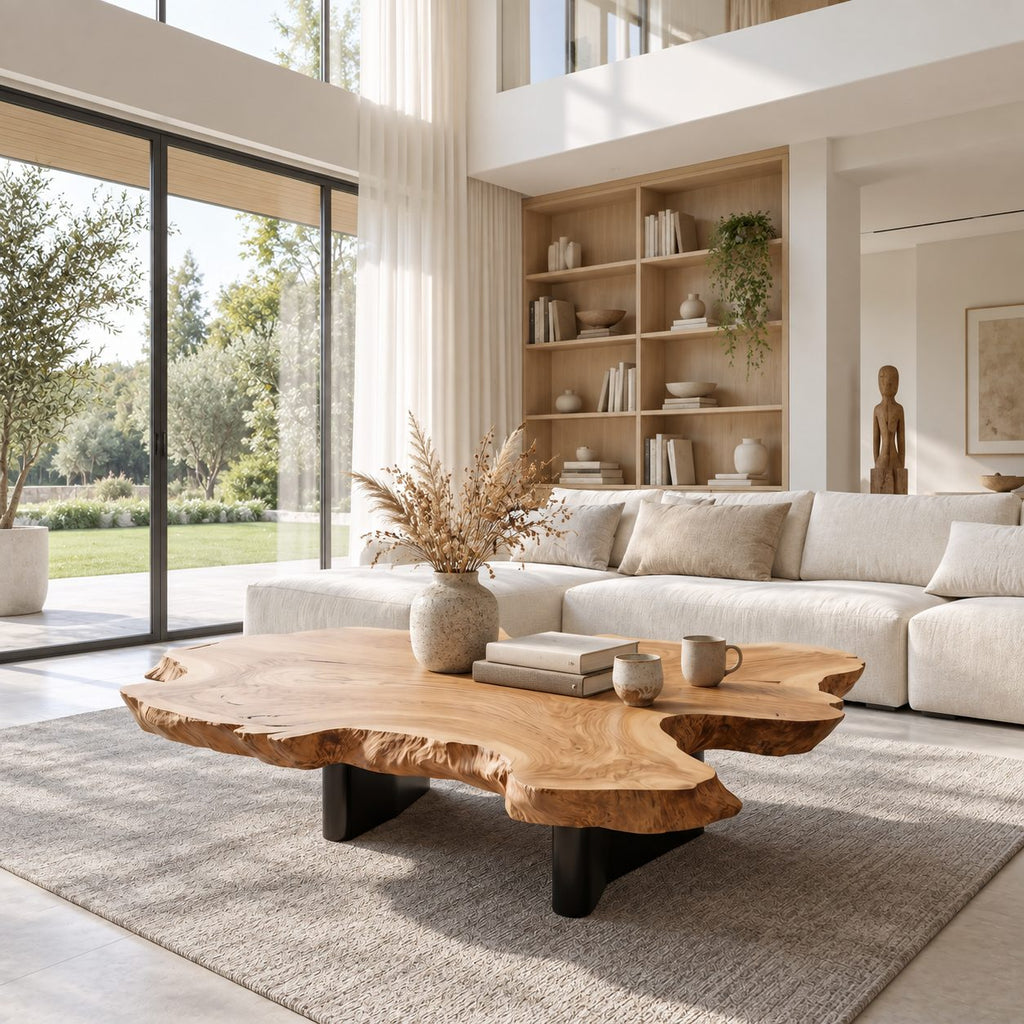 Live Edge Coffee Table with Freeform Slab Top on Recessed Block Legs, Solid Wood Center Table