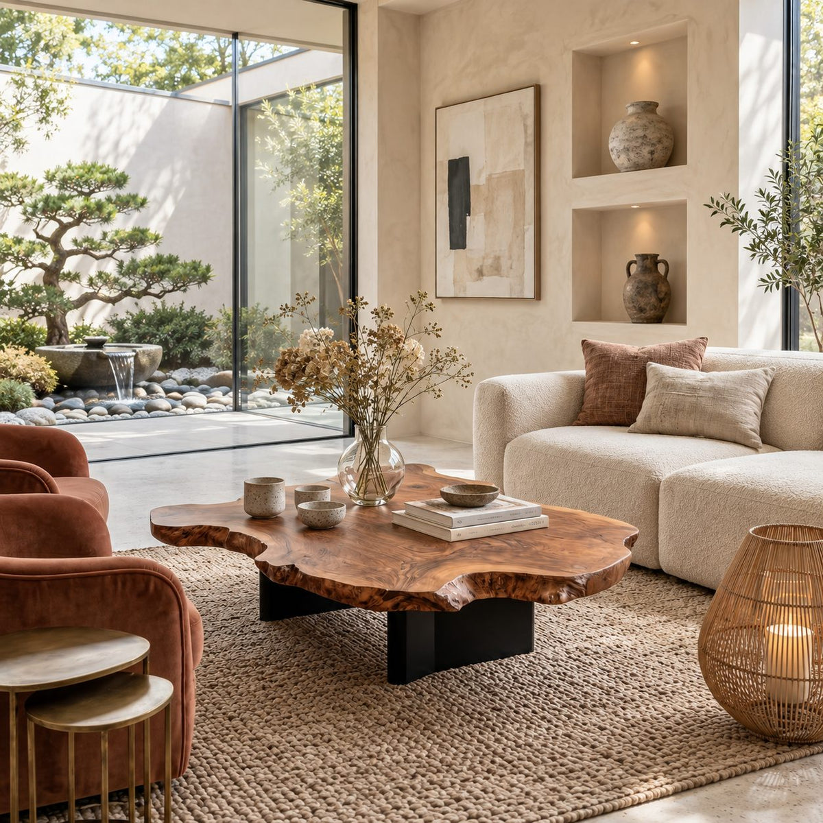Live Edge Coffee Table with Freeform Slab Top on Recessed Block Legs, Solid Wood Center Table