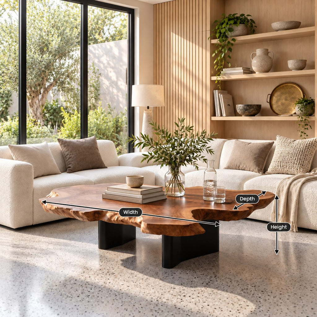 Live Edge Coffee Table with Freeform Slab Top on Recessed Block Legs, Solid Wood Center Table