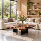 Live Edge Coffee Table with Freeform Slab Top on Recessed Block Legs, Solid Wood Center Table