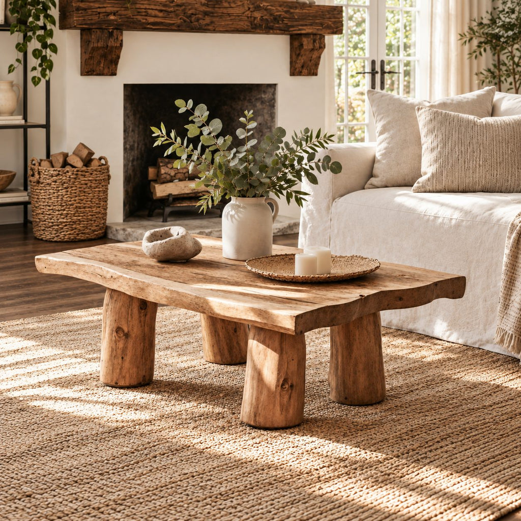 Rustic Log Leg Coffee Table, Low Solid Wood Slab Center Table for Farmhouse Living Room