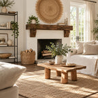 Rustic Log Leg Coffee Table, Low Solid Wood Slab Center Table for Farmhouse Living Room