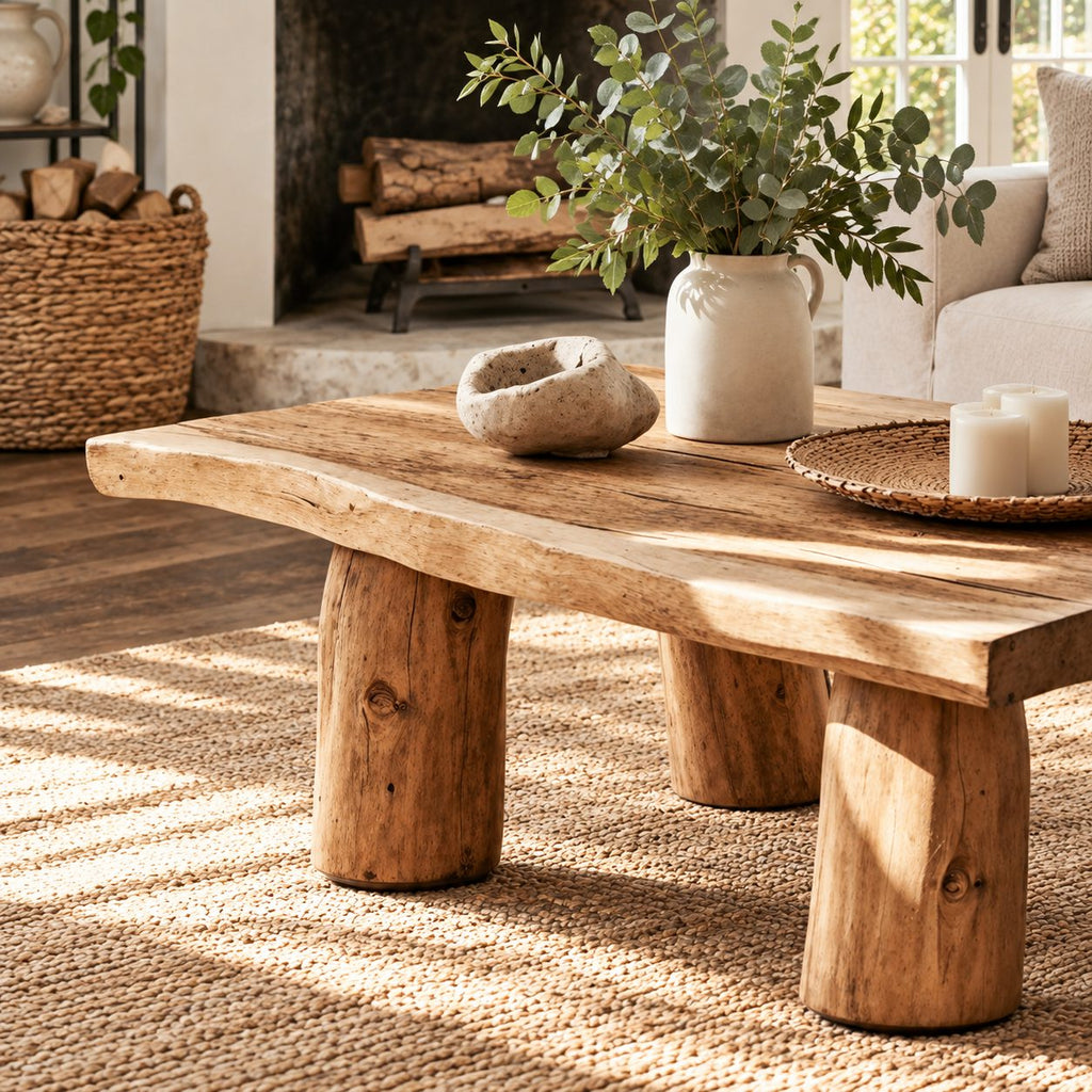 Rustic Log Leg Coffee Table, Low Solid Wood Slab Center Table for Farmhouse Living Room