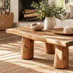 Rustic Log Leg Coffee Table, Low Solid Wood Slab Center Table for Farmhouse Living Room