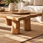 Rustic Log Leg Coffee Table, Low Solid Wood Slab Center Table for Farmhouse Living Room
