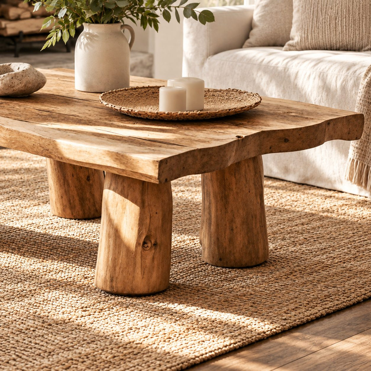 Rustic Log Leg Coffee Table, Low Solid Wood Slab Center Table for Farmhouse Living Room